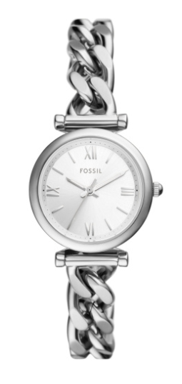 Fossil dames horloge uit de Carlie Collectie. Edelstaal 28 mm kast met edelstalen band. Quartz uurwerk. 5 atm.